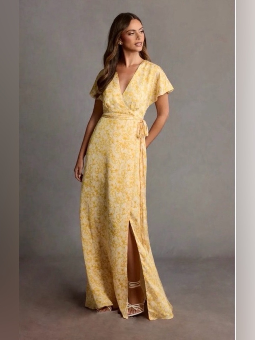 Azazie Yellow Floral Wrap Maxi Dress with Side Slit